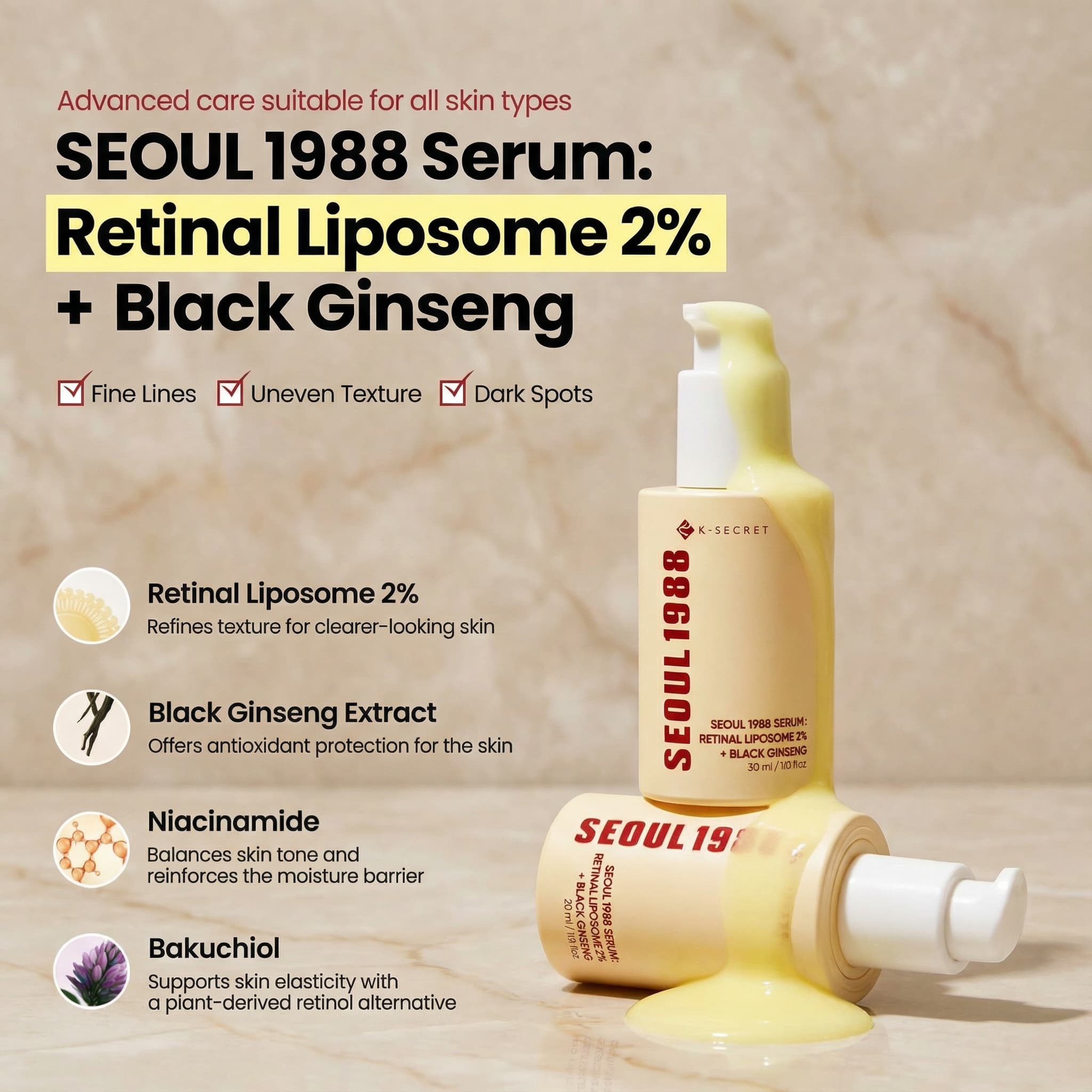 K-SECRET  SEOUL 1988 Serum Retinal Liposome 2% + Black Ginseng, 30ml