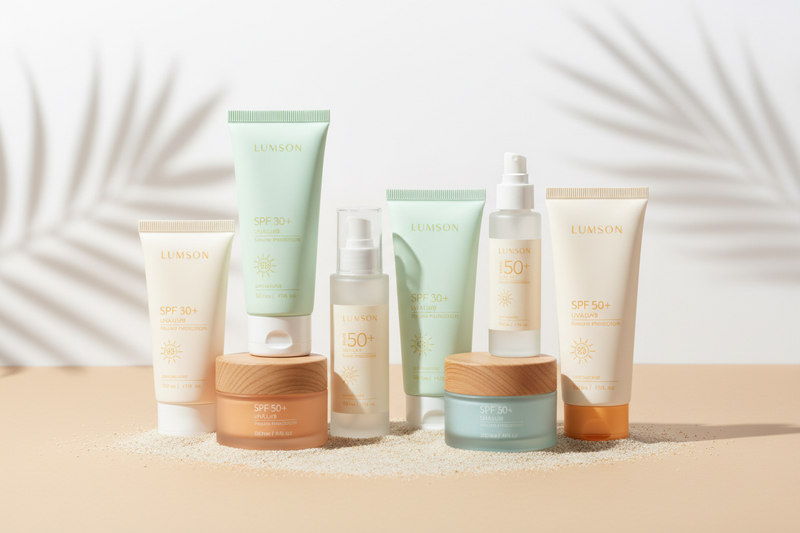 Create a image of sunscreen protection products for a cosmetic eshop collection