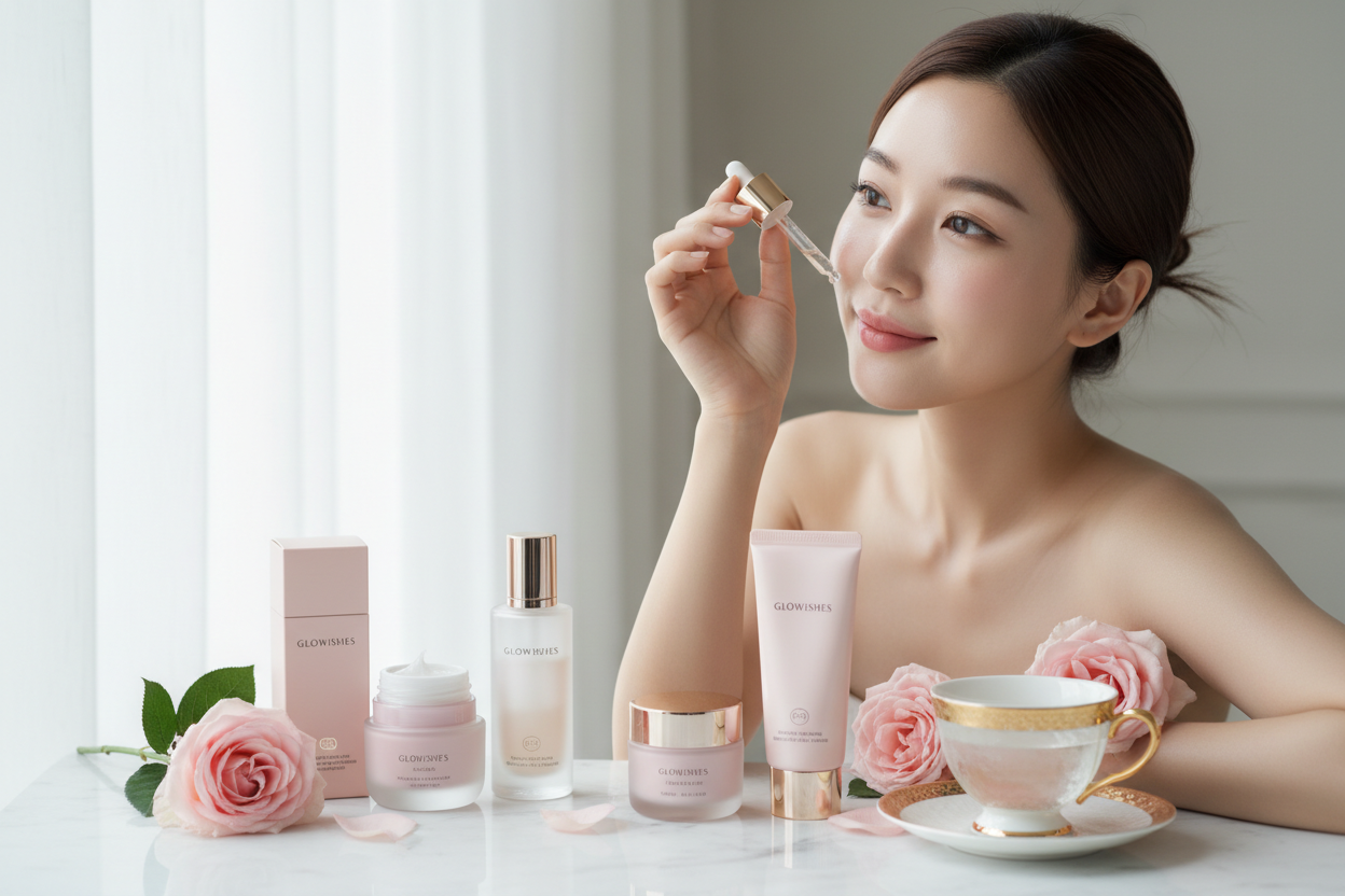 create a Instagram photo of the Glowishes brand that will include K beauty products and a pretty woman try them.