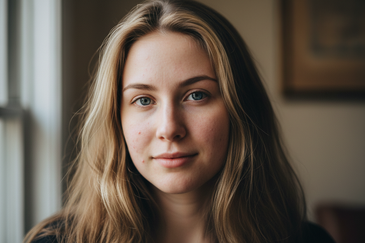 create a portrait of a young blond, blue eyes, long dark hair woman with acne problem 