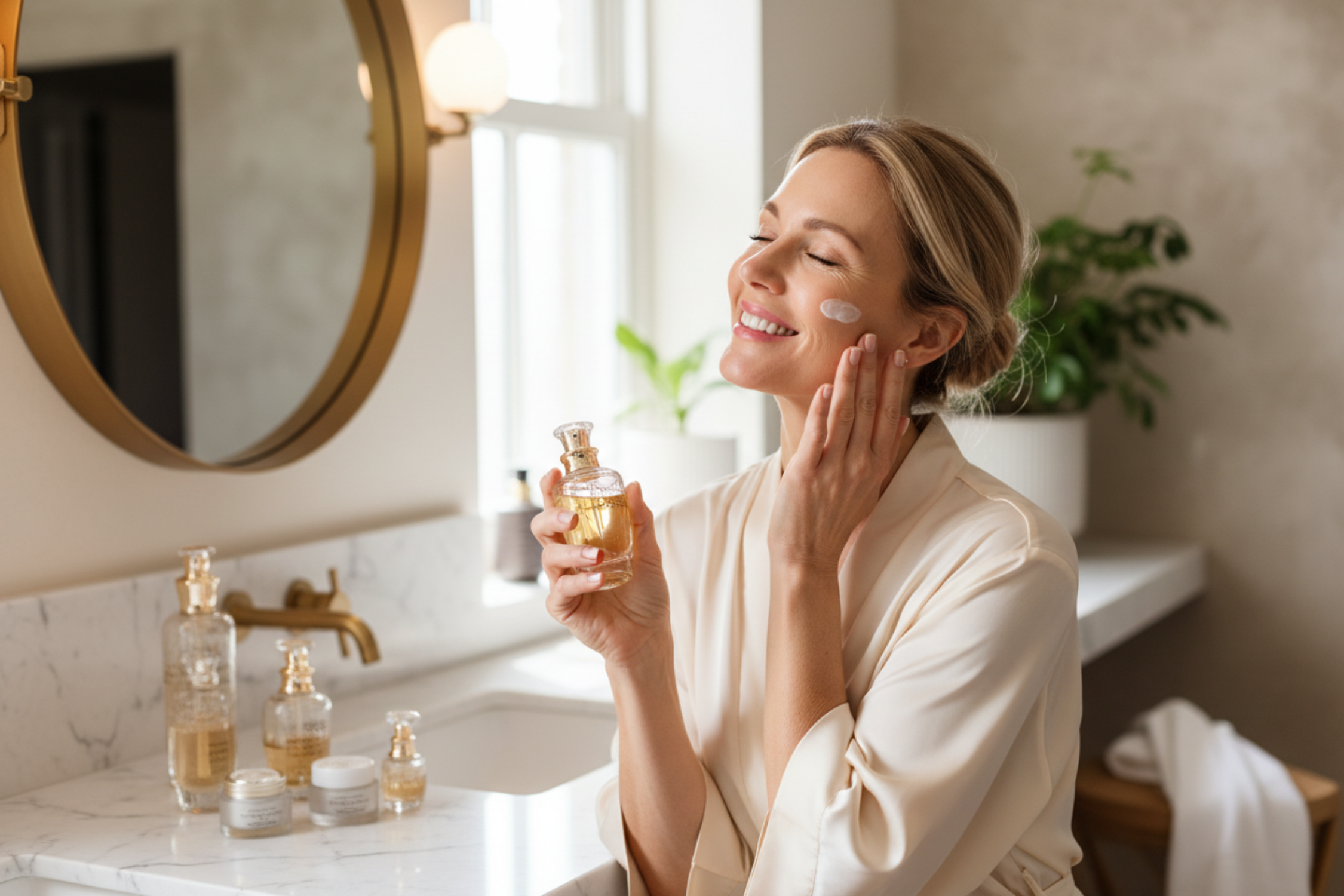 Create a woman makinhg her Anti Aging routine and be very happy, the frame to have more height than wedth.
